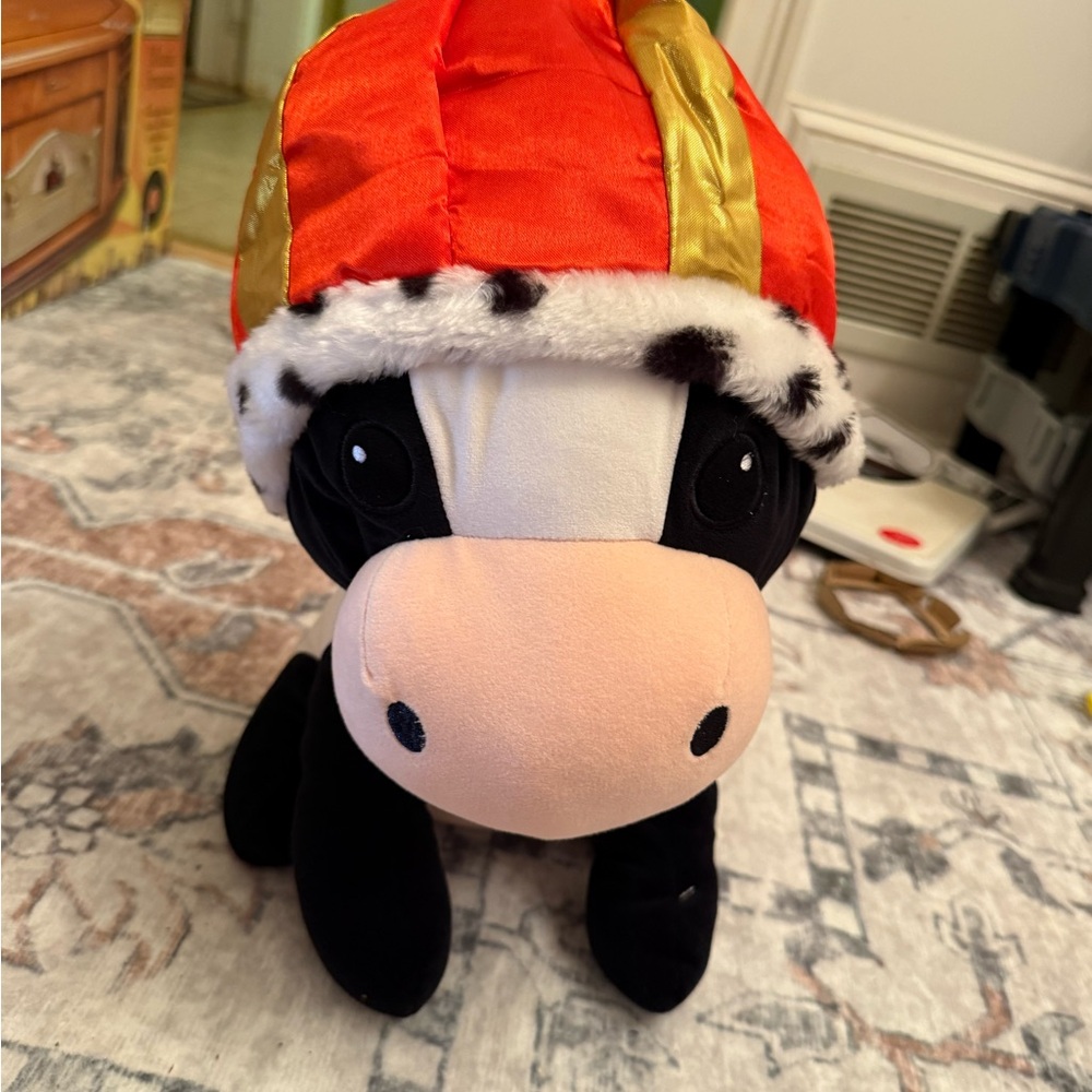 Plush Cow Toy with Red and Gold Hat